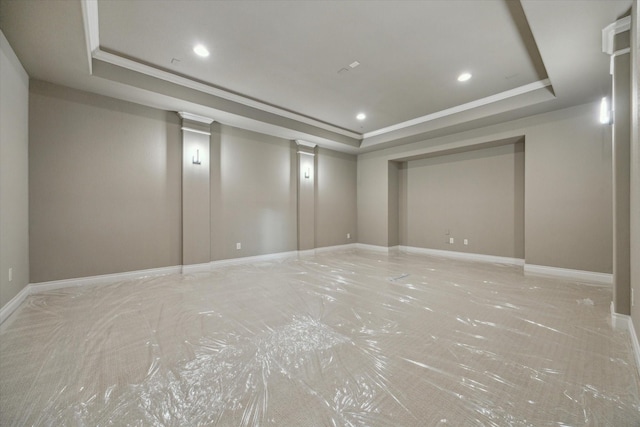 1923 Rice Mill Dr, Katy, TX 77493 - empty room with a raised ceiling, recessed lighting, decorative columns, and crown molding