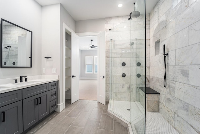 2221 Francis St, Houston, TX 77004 - full bath featuring a shower stall, a ceiling fan, vanity, and recessed lighting