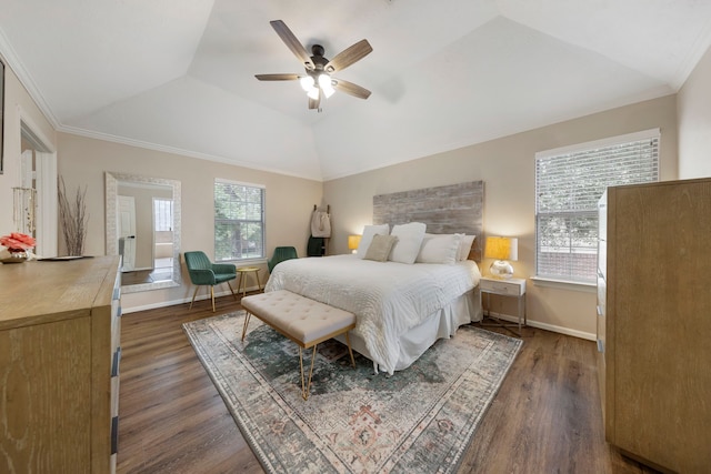 19 Shinyrock Pl, The Woodlands, TX 77381 - bedroom featuring dark wood finished floors, vaulted ceiling, ornamental molding, a ceiling fan, and a raised ceiling