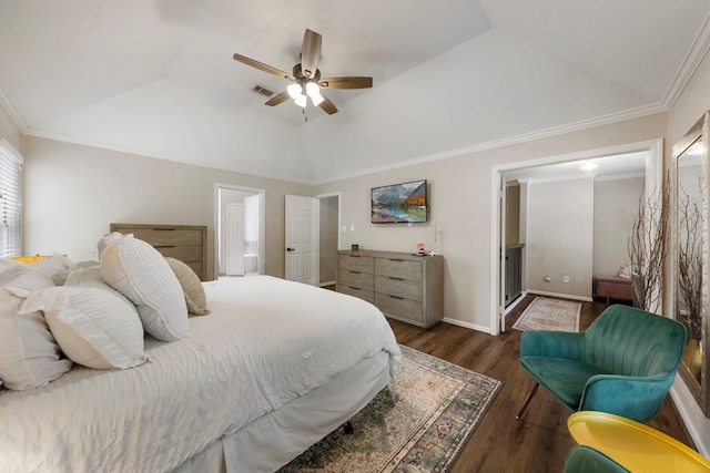 19 Shinyrock Pl, The Woodlands, TX 77381 - bedroom featuring wood finished floors, a raised ceiling, crown molding, ceiling fan, and lofted ceiling