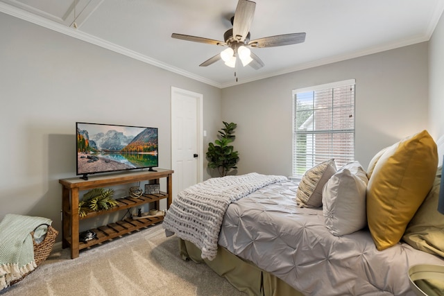 19 Shinyrock Pl, The Woodlands, TX 77381 - carpeted bedroom with ornamental molding and ceiling fan