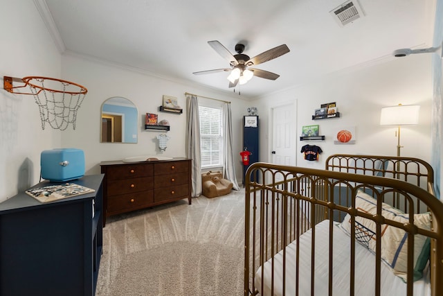 19 Shinyrock Pl, The Woodlands, TX 77381 - bedroom featuring ornamental molding, light carpet, and a ceiling fan