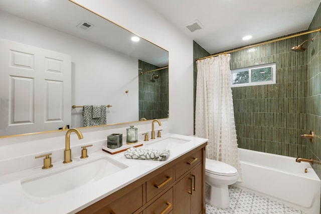 19 Shinyrock Pl, The Woodlands, TX 77381 - full bathroom featuring double vanity, shower / tub combo with curtain, and recessed lighting