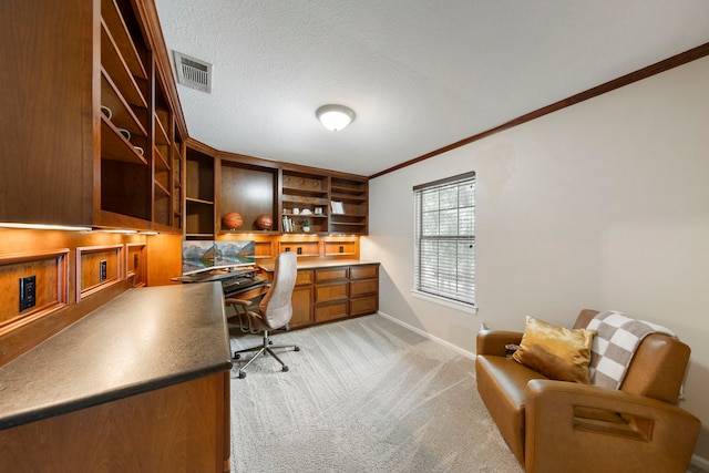 19 Shinyrock Pl, The Woodlands, TX 77381 - office space featuring built in desk, ornamental molding, light carpet, and a textured ceiling