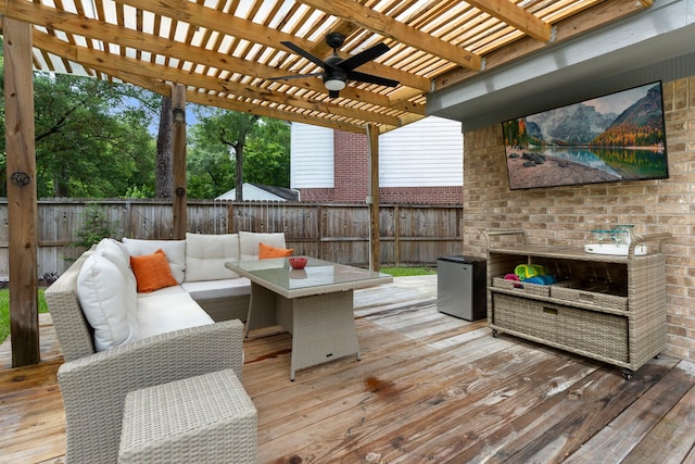 19 Shinyrock Pl, The Woodlands, TX 77381 - deck with a fenced backyard, an outdoor living space, a ceiling fan, and a pergola