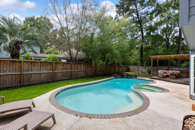 19 Shinyrock Pl, The Woodlands, TX 77381 - view of swimming pool featuring an outdoor living space, a fenced backyard, a pool with connected hot tub, and a patio