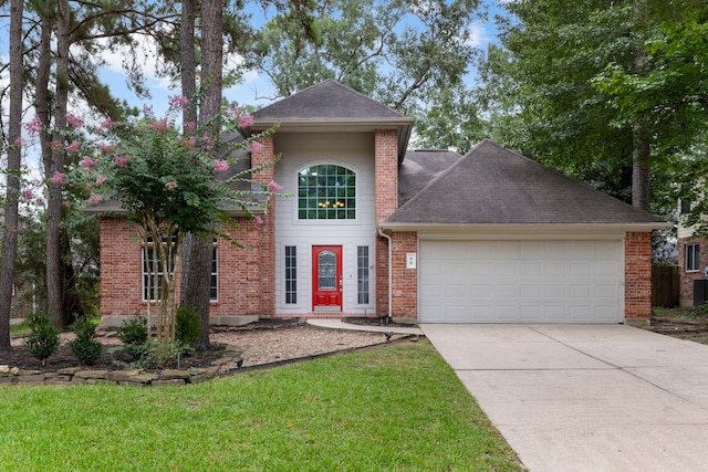 96 N Acacia Park Cir, The Woodlands, TX 77382 - traditional home with a garage, driveway, brick siding, a shingled roof, and a front yard