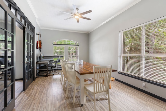 96 N Acacia Park Cir, The Woodlands, TX 77382 - dining space featuring light wood-style floors, ornamental molding, french doors, an office area, and ceiling fan
