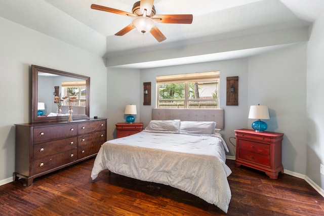 96 N Acacia Park Cir, The Woodlands, TX 77382 - bedroom with dark wood-style floors, ceiling fan, and vaulted ceiling