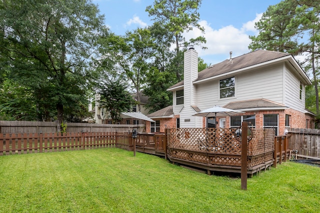 96 N Acacia Park Cir, The Woodlands, TX 77382 - rear view of property with a fenced backyard, a deck, a chimney, and brick siding