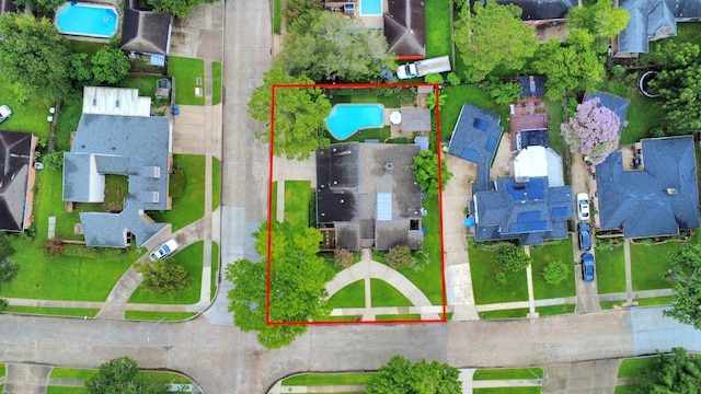 6803 Las Brisas Dr, Houston, TX 77083 - aerial perspective of suburban area featuring a pool area and property parcel outlined