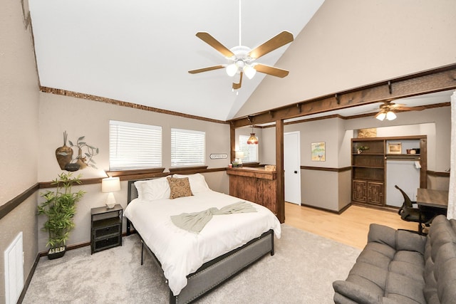 6803 Las Brisas Dr, Houston, TX 77083 - bedroom with high vaulted ceiling, light wood finished floors, and ceiling fan