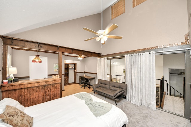 6803 Las Brisas Dr, Houston, TX 77083 - carpeted bedroom with high vaulted ceiling and ceiling fan