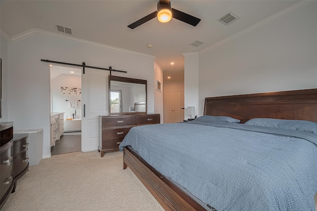 21002 Beech Landing Ln, Katy, TX 77450 - bedroom featuring a barn door, ornamental molding, light carpet, and a ceiling fan