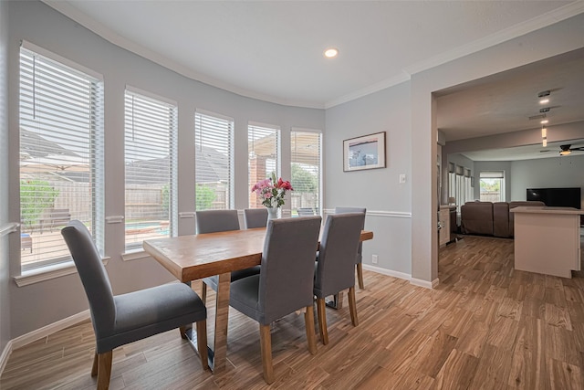 21002 Beech Landing Ln, Katy, TX 77450 - dining space featuring light wood-style floors, crown molding, recessed lighting, and ceiling fan