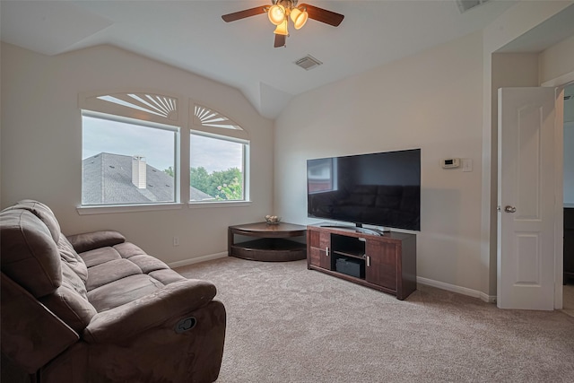 21002 Beech Landing Ln, Katy, TX 77450 - living room with a ceiling fan, light colored carpet, and vaulted ceiling