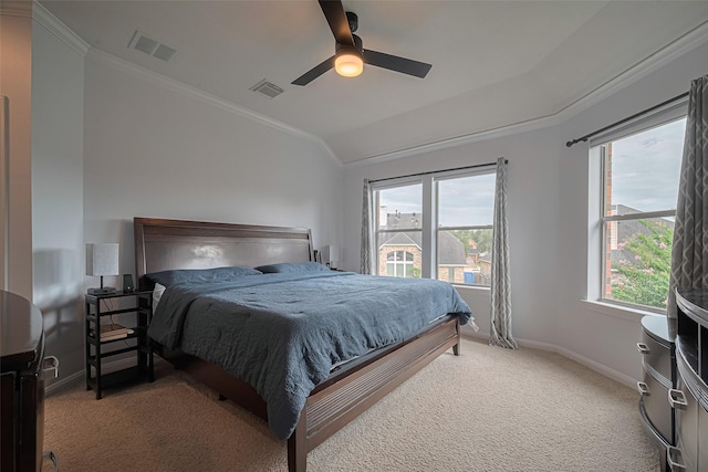 21002 Beech Landing Ln, Katy, TX 77450 - bedroom featuring light carpet, ornamental molding, vaulted ceiling, and ceiling fan