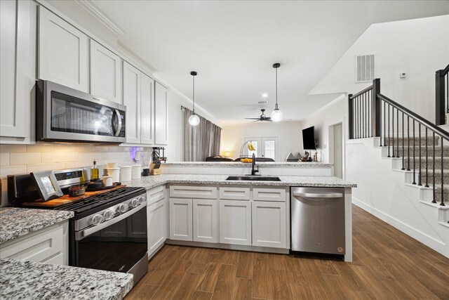 2201 Maple St, Liberty, TX 77575 - kitchen featuring appliances with stainless steel finishes, a peninsula, dark wood-style floors, a ceiling fan, and backsplash