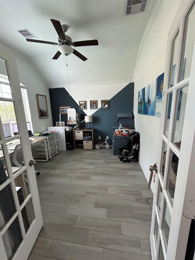 20130 New Sunrise Trl, Cypress, TX 77433 - home office featuring lofted ceiling, crown molding, ceiling fan, french doors, and wood finished floors