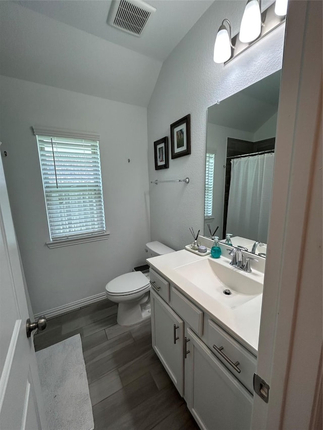 20130 New Sunrise Trl, Cypress, TX 77433 - bathroom with lofted ceiling, vanity, and a shower with shower curtain