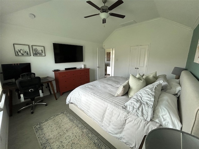 20130 New Sunrise Trl, Cypress, TX 77433 - bedroom with lofted ceiling, carpet flooring, a desk, a closet, and a ceiling fan