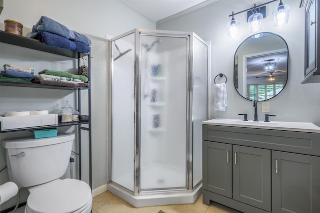 502 Spinn St, Brenham, TX 77833 - bathroom featuring crown molding, a shower stall, vanity, and tile patterned floors