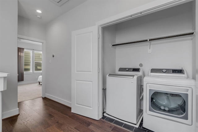 413 N Nagle St Unit B, Houston, TX 77003 - laundry room with washer and dryer, dark wood-style floors, and recessed lighting