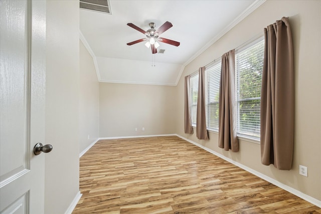 2708 Courtyard Ln, Pearland, TX 77584 - unfurnished room with light wood finished floors, ornamental molding, a ceiling fan, and lofted ceiling