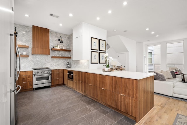 1801 Oneil St Unit C, Houston, TX 77019 - kitchen featuring appliances with stainless steel finishes, open shelves, a peninsula, brown cabinetry, and modern cabinets