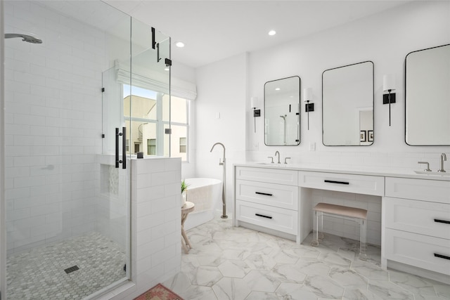 1801 Oneil St Unit C, Houston, TX 77019 - full bath featuring a stall shower, double vanity, a freestanding tub, marble finish floors, and recessed lighting