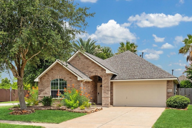 10207 Olive Mount St, Pearland, TX 77584 - single story home featuring brick siding, a shingled roof, a garage, and concrete driveway