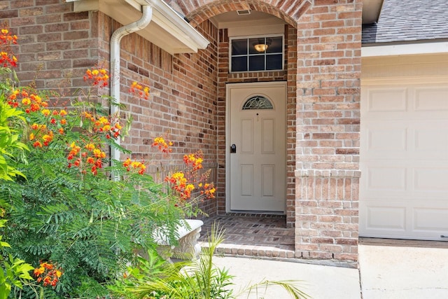 10207 Olive Mount St, Pearland, TX 77584 - doorway to property featuring brick siding, a garage, and a shingled roof