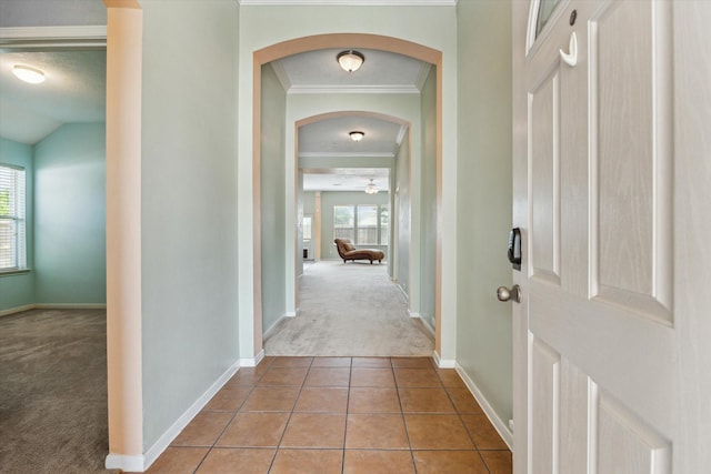 10207 Olive Mount St, Pearland, TX 77584 - hallway with carpet floors, ornamental molding, plenty of natural light, arched walkways, and tile patterned flooring