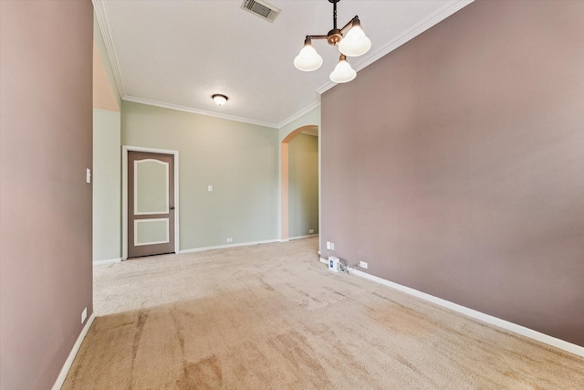 10207 Olive Mount St, Pearland, TX 77584 - carpeted spare room with arched walkways, crown molding, and a chandelier