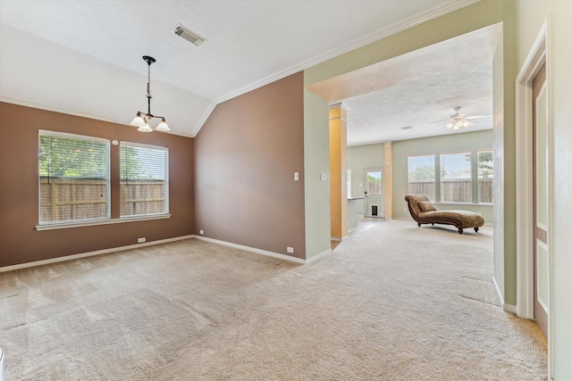 10207 Olive Mount St, Pearland, TX 77584 - unfurnished room featuring ornamental molding, plenty of natural light, light colored carpet, vaulted ceiling, and a ceiling fan