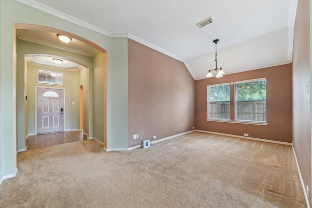 10207 Olive Mount St, Pearland, TX 77584 - carpeted foyer featuring arched walkways, crown molding, and lofted ceiling