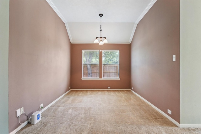 10207 Olive Mount St, Pearland, TX 77584 - carpeted spare room with ornamental molding, a chandelier, and vaulted ceiling