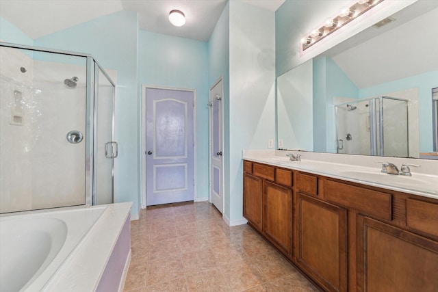 10207 Olive Mount St, Pearland, TX 77584 - bathroom featuring a stall shower, double vanity, a garden tub, and tile patterned floors