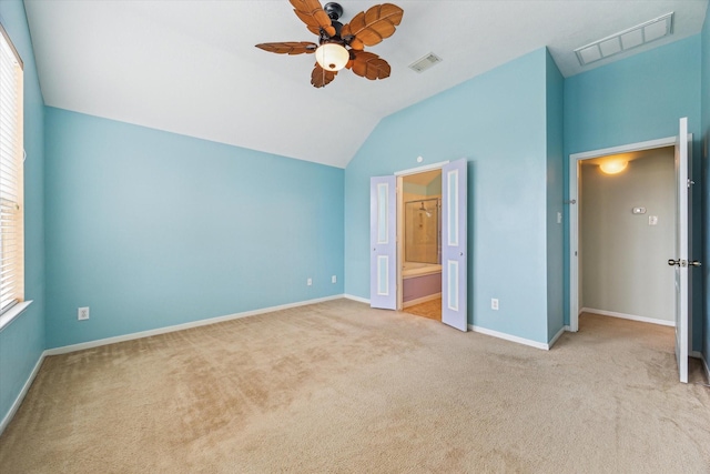 10207 Olive Mount St, Pearland, TX 77584 - unfurnished bedroom with carpet, lofted ceiling, ceiling fan, and connected bathroom