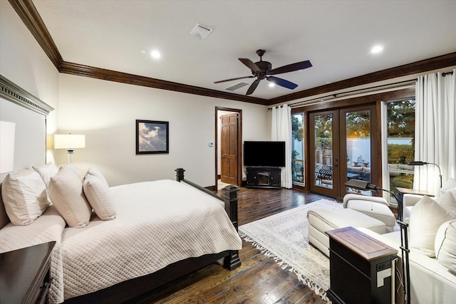 3751 Aberdeen Way, Houston, TX 77025 - bedroom featuring crown molding, access to outside, hardwood / wood-style floors, french doors, and a ceiling fan