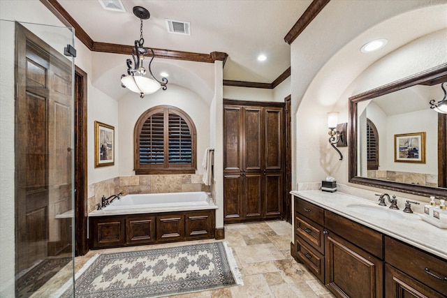3751 Aberdeen Way, Houston, TX 77025 - full bath with vanity, a bath, stone tile floors, crown molding, and a shower with shower door