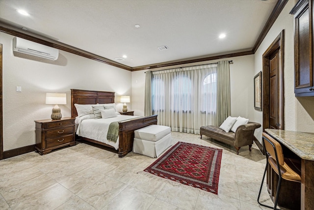 3751 Aberdeen Way, Houston, TX 77025 - bedroom with a wall unit AC, ornamental molding, and recessed lighting