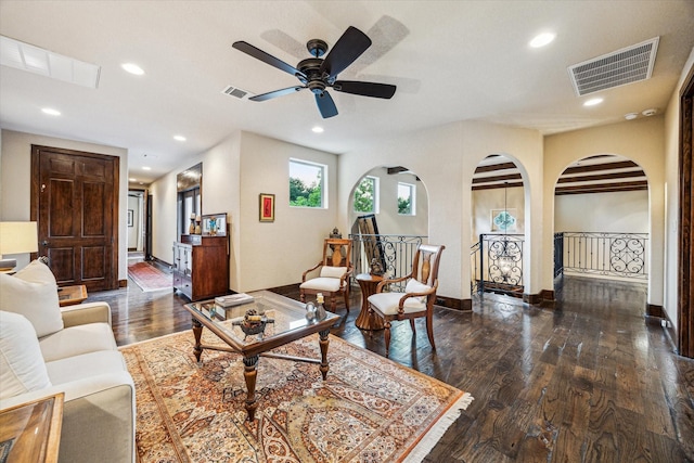 3751 Aberdeen Way, Houston, TX 77025 - living room featuring arched walkways, wood finished floors, recessed lighting, and ceiling fan