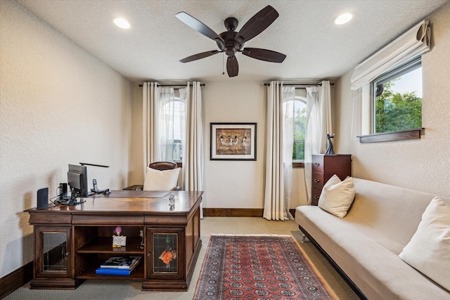 3751 Aberdeen Way, Houston, TX 77025 - office area with a ceiling fan, a textured ceiling, recessed lighting, and a textured wall