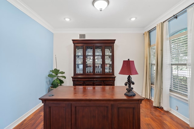 2326 Vinemead Ct, Katy, TX 77450 - office featuring dark wood finished floors, crown molding, and recessed lighting