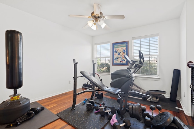 2326 Vinemead Ct, Katy, TX 77450 - exercise room with a ceiling fan and wood finished floors