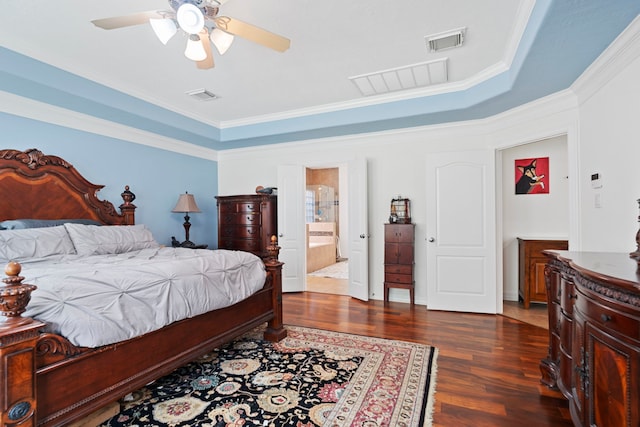 2326 Vinemead Ct, Katy, TX 77450 - bedroom featuring wood finished floors, ornamental molding, ceiling fan, ensuite bath, and a raised ceiling