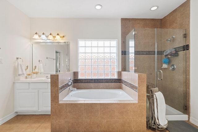 2326 Vinemead Ct, Katy, TX 77450 - full bath featuring a bath, vanity, a shower stall, tile patterned flooring, and recessed lighting