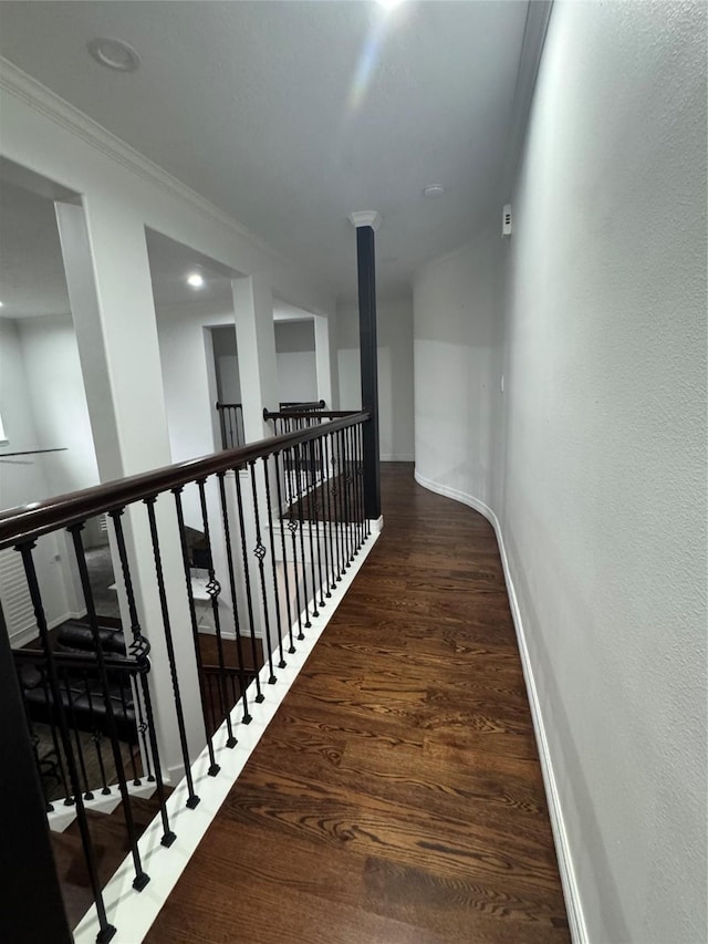 14410 Brentshire Ln, Houston, TX 77069 - hall featuring wood finished floors, crown molding, and an upstairs landing