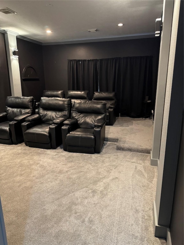 14410 Brentshire Ln, Houston, TX 77069 - home theater room with carpet, crown molding, and recessed lighting